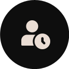 White icon of a person with a clock on a black background