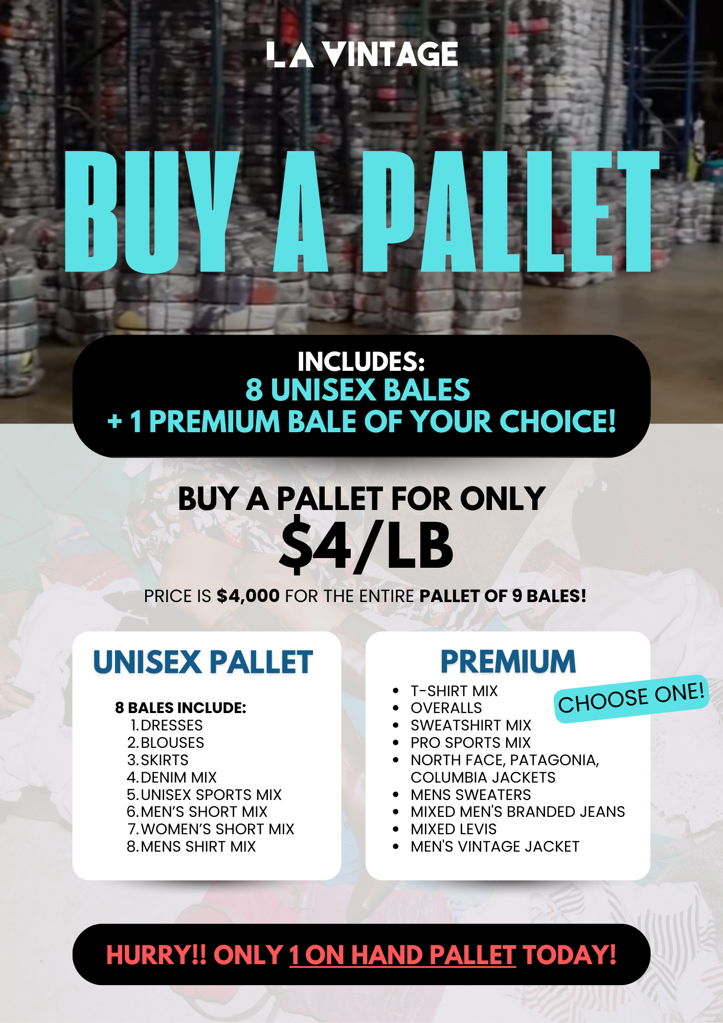 Unisex Pallet (9 BALES OF 100 LBS)