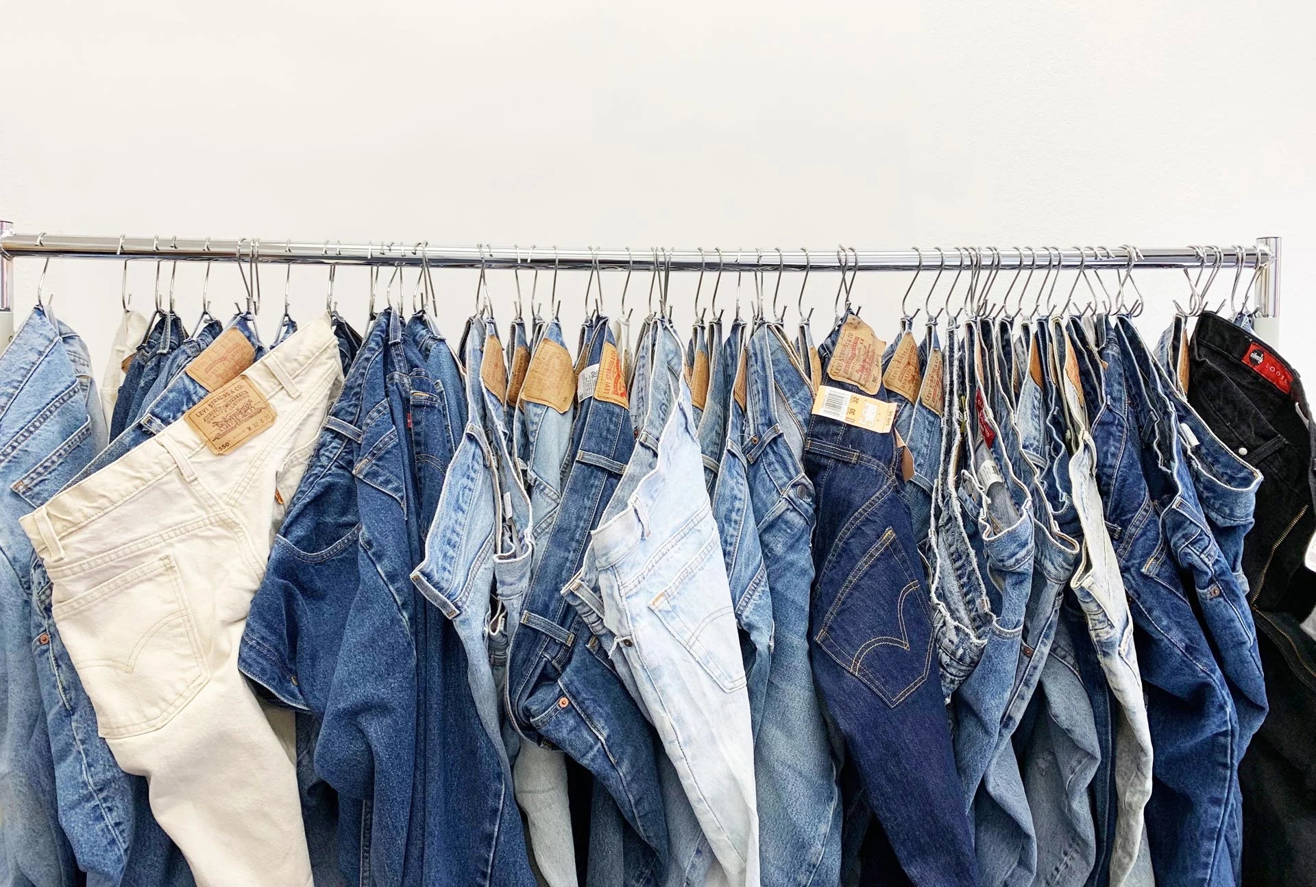 Collection of jeans on hangers against a white wall